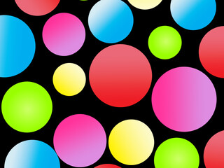 The black background is full of bright colorful circles in various sizes and color gradients, creating a dynamic abstract pattern.