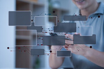 Business workflow automation with flowchart and corporate strategy.