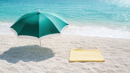 A serene beach scene featuring a green umbrella and a yellow towel on soft sand by the turquoise waters, inviting relaxation and tranquility under the sun's warm rays.