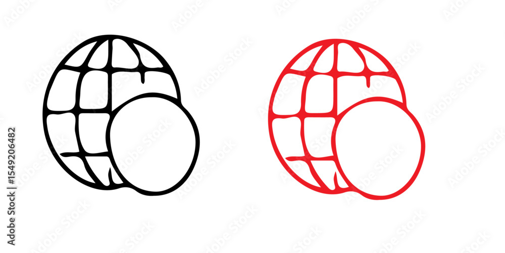 Poster two globe icons one in black outline and one in red outline with a circle overlapping each globe ico