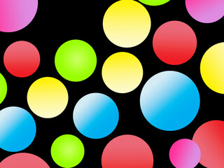 The black background is full of bright colorful circles in various sizes and color gradients, creating a dynamic abstract pattern.