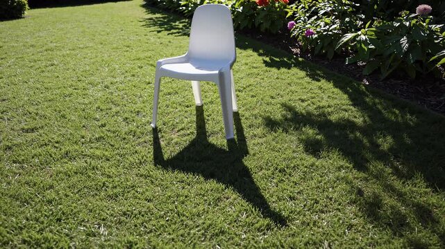 Minimalist white chair sitting on lush green grass, creating stark shadow near vibrant wildflowers under golden sunlight