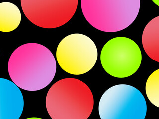 The black background is full of bright colorful circles in various sizes and color gradients, creating a dynamic abstract pattern.