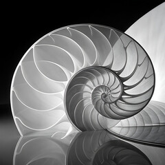 Obraz premium Monochrome Nautilus Shell Section with Reflection on a Dark Background
