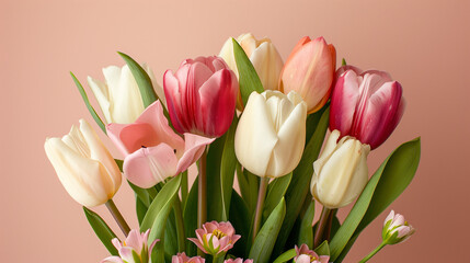 Fototapeta premium Vibrant tulips with green foliage, soft daylight, copy space. Fresh spring floral beauty in natural harmony. 