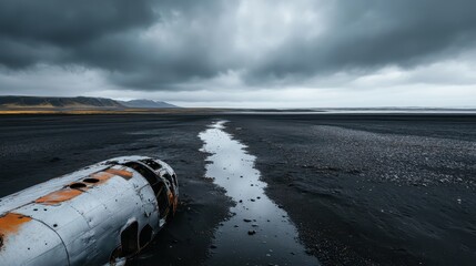 This striking image features an abandoned airplane wreck on a desolate black beach under a moody sky, evoking a sense of mystery and the passage of time in a stark, dramatic landscape.
