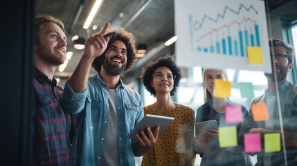 Diverse group collaborating on a glass board with graphs and sticky notes in a modern office space