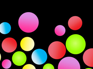 The black background is full of bright colorful circles in various sizes and color gradients, creating a dynamic abstract pattern.
