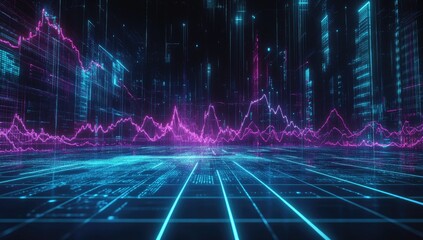 Futuristic city landscape with digital data overlay