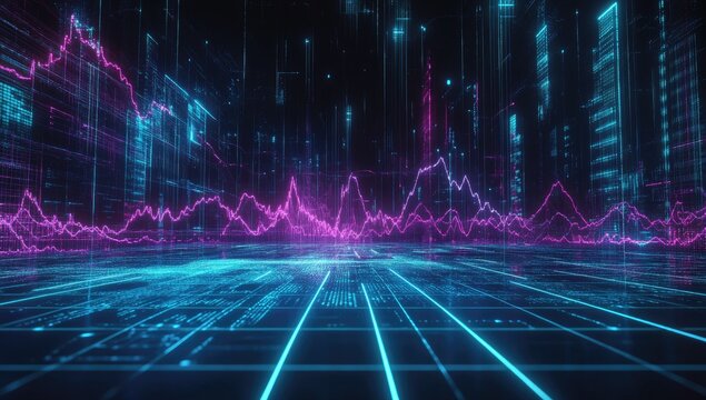 Futuristic city landscape with digital data overlay