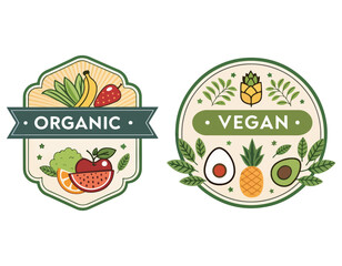 Organic and Vegan Food Labels Fresh Produce, Line Art, Vector EPS