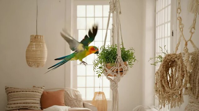 Bright parrot flying in a cozy indoor space decorated with plants and natural elements