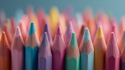 Colorful sharp colored pencils lined up in a creative artistic display