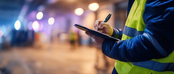 The construction worker using a tablet for project management and inspections.