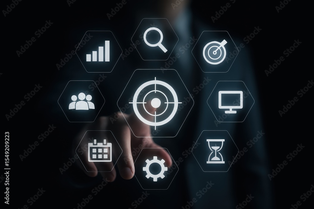 Aufkleber hand interacting with a digital interface displaying various business management icons.