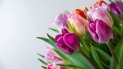 Fototapeta premium Vibrant tulips with green foliage, soft daylight, copy space. Fresh spring floral beauty in natural harmony. 