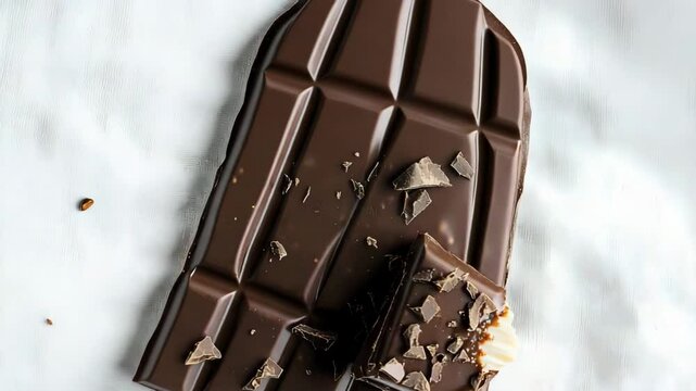 One bite taken from a chocolate bar on white cloth background, bold and playful "World Chocolate Day" lettering