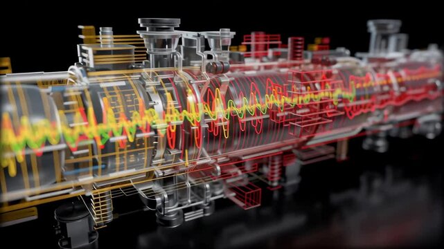 A 3D model rendering of an engine assembly overlayed with animated vibration measurement data that dynamically changes in response to simulated operating conditions providing a visual