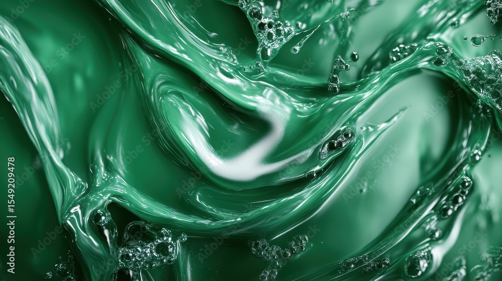 Poster an eye-catching abstract design showing fluid green liquid swirling and forming captivating patterns