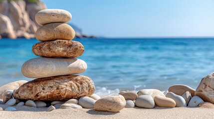 A serene stack of balanced stones on a sandy beach, symbolizing peace and harmony while the gentle waves of the clear blue ocean complement this tranquil setting.