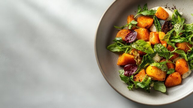 This delicious roasted butternut squash salad features vibrant, caramelized squash cubes nestled among fresh greens, making a healthy meal perfect for any day of the week.