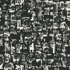 Fototapeta premium Abstract vector seamless pattern with font consisting of geometric shapes with texture, shells on the theme of paleontology. Fabric, textile, t-shirt design, tile, wallpaper. No AI is used.