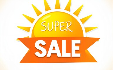 super summer sale with sun sign, yellow and orange drawn label,. High quality