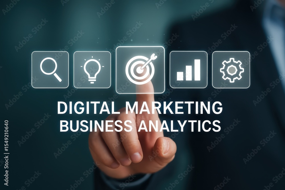 Poster digital marketing business analytics interface displayed on a touch screen.