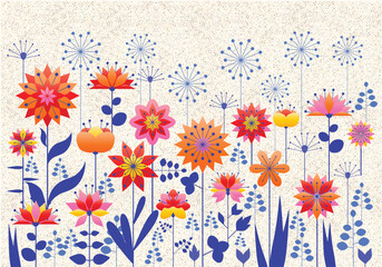 colour vector summer holidays or happy easter card with flat folk style flowers on grunge grain background, floral background with noise texture and place for your text, abstract grainy background