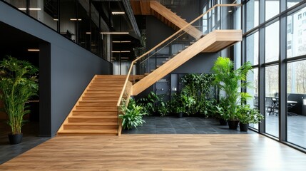 Obraz premium An elegant office space showcasing modern wooden stairs, ample greenery, and a sleek design, creating an inviting and productive work environment for employees.