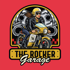 A Beautiful woman wearing open face crash helmet and sunglasses riding a yellow retro cafe racer motorcycle cartoon illustration