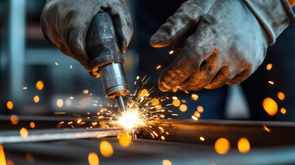A close-up shot captures a welder's hands in action as sparks fly during a welding process, illustrating the artistry and craft involved in metalworking and fabrication.