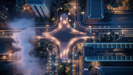 Aerial view of a modern city intersection with illuminated roads and buildings at night