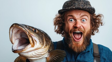A joyful fisherman enthusiastically displays his large catch, embodying the thrill of fishing, showcasing a moment of pride and excitement in a playful and endearing manner.