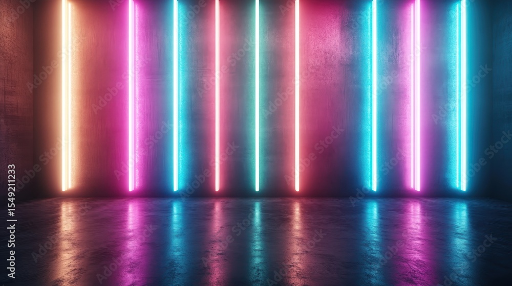 Poster a striking display of neon lights fills an artistic space with vibrant colors reflecting off a smoot