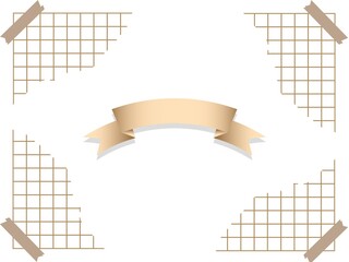 A minimalist decorative frame design featuring golden grid corners and a beige ribbon banner in the center, perfect for invitations, announcements, or greeting cards