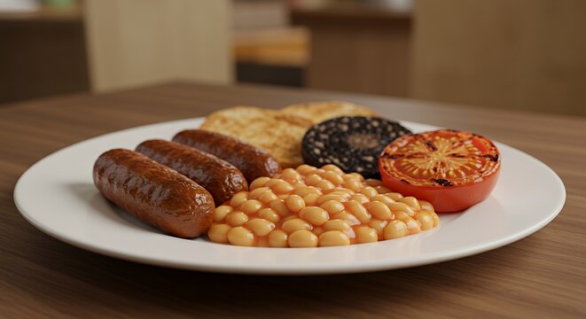 Indulge in a hearty full English breakfast, featuring succulent sausages, baked beans, grilled tomato, and crispy toast, a quintessential British culinary experience.