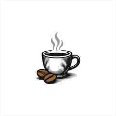 Vintage Coffee Cup Illustration with Steaming Drink and Coffee Beans, Perfect for Cafe Branding