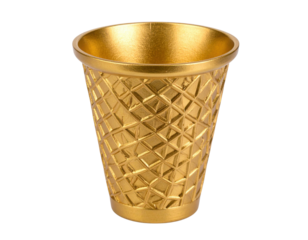 A gold textured cup with a crisscross pattern and shiny metallic finish, tapering towards the base.