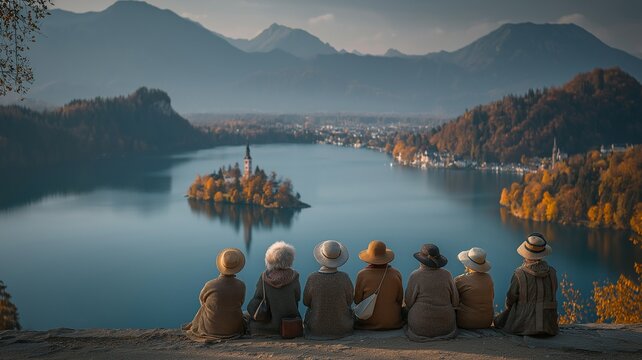 A group of elderly women embarked on a picturesque outdoor journey. - Powered by Adobe