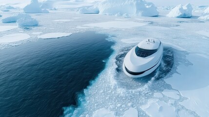 A sleek luxury yacht glides through ice-strewn waters, showcasing human ingenuity and adventure against a breathtaking backdrop of stark, frozen landscapes, symbolizing exploration.