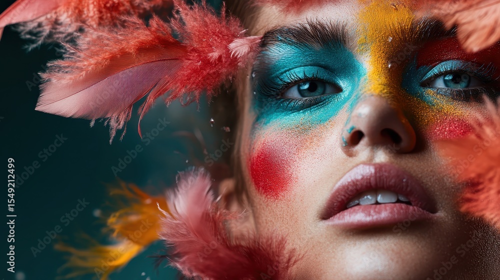 Poster an expressive and vibrant portrait featuring a model adorned with colorful face paint and delicate f