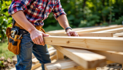Construction worker holding wooden plank outdoors with tool belt and plaid shirt, focused on carpentry work in natural light