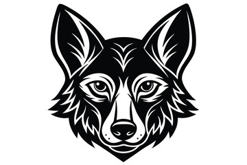 A stylized wolf head with pointed ears has symmetrical, bold, black and white features