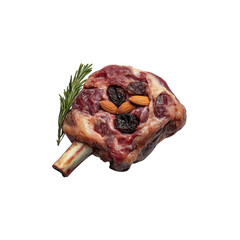 Obraz premium Raw Lamb Chop with Almonds and Raisins, Rosemary Garnish