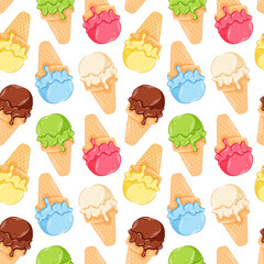 Seamless pattern with colorful cartoon ice cream cone in waffle isolated on a white background. Ideal for summer packaging, kids product, textile and dessert themed background.
