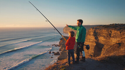 A father-son duo enjoying an outdoor adventure on a cliff, fishing together