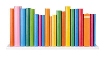 A row of colorful books neatly arranged on a white shelf, showcasing various vibrant hues and sizes.