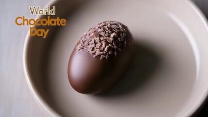 Single chocolate-covered almond on neutral plate, light backdrop and bright "World Chocolate Day" text