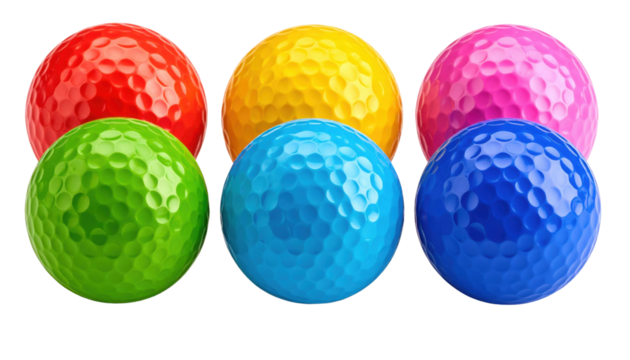 Six colorful golf balls arranged in two rows, showcasing a glossy surface with dimples in red, yellow, pink, green, light blue, and dark blue colors. - Powered by Adobe